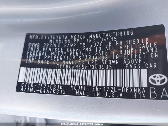 2015 TOYOTA COROLLA LE VIN: 5YFBURHE9FP309935