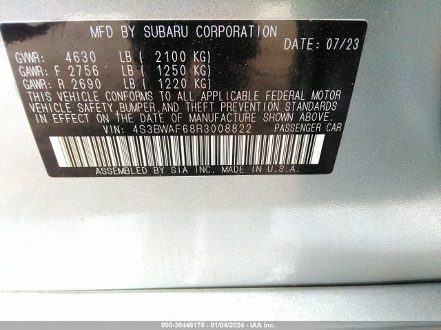 2024 SUBARU LEGACY PREMIUM VIN: 4S3BWAF68R3008822