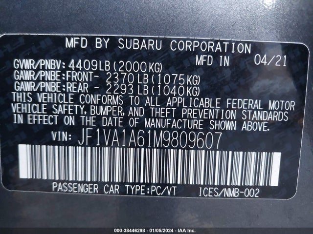 Subaru WRX 2021 JF1VA1A61M9809607 Image 9