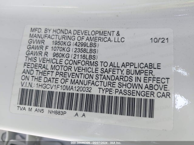 Honda ACCORD LX 2021 1HGCV1F10MA120032 Image 9