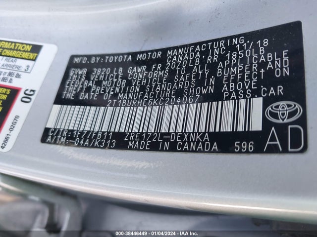 2019 TOYOTA COROLLA LE VIN: 2T1BURHE6KC204067