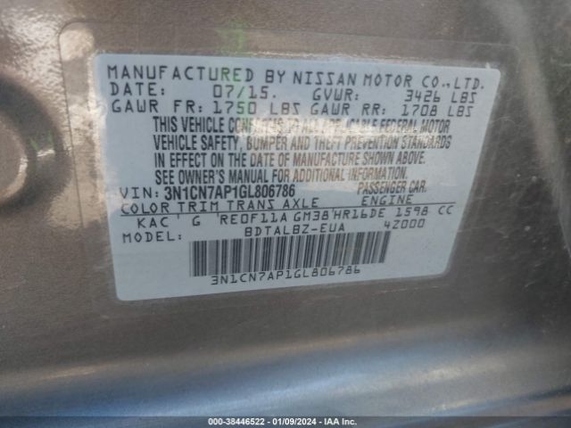 3N1CN7AP1GL806786 Nissan Versa 1.6 S/1.6 S+/1.6 Sl/1.6 Sv