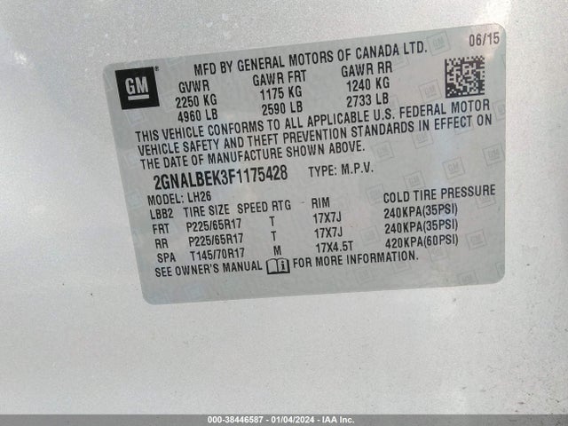 Chevrolet EQUINOX 1LT 2015 2GNALBEK3F1175428 Image 9