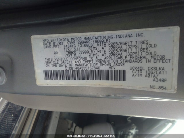 2003 TOYOTA SEQUOIA LIMITED VIN: 5TDBT48A33S167846