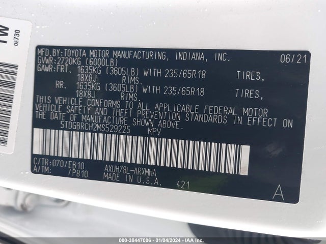 Toyota Highlander Hybrid Xle 2021 5TDGBRCH2MS529225 Image 9
