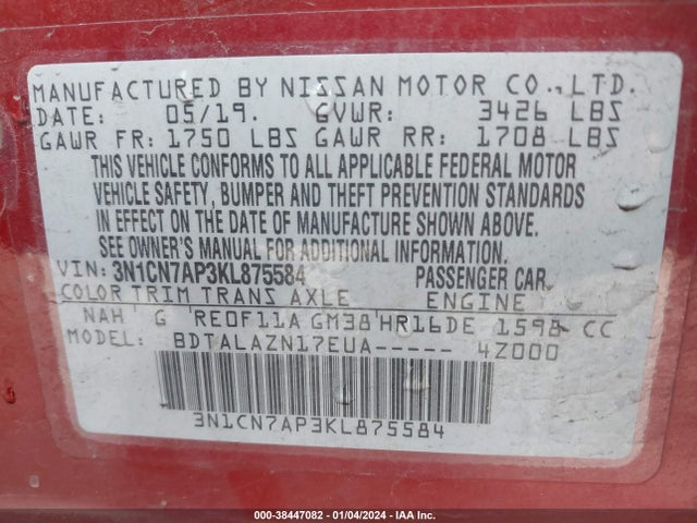 2019 NISSAN VERSA 1.6 S+ VIN: 3N1CN7AP3KL875584