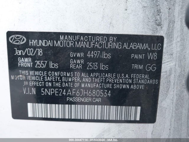 Aukcja sprzedaży 2018 Hyundai Sonata Se, vin: 5NPE24AF6JH680534, numer aukcji: 38447114