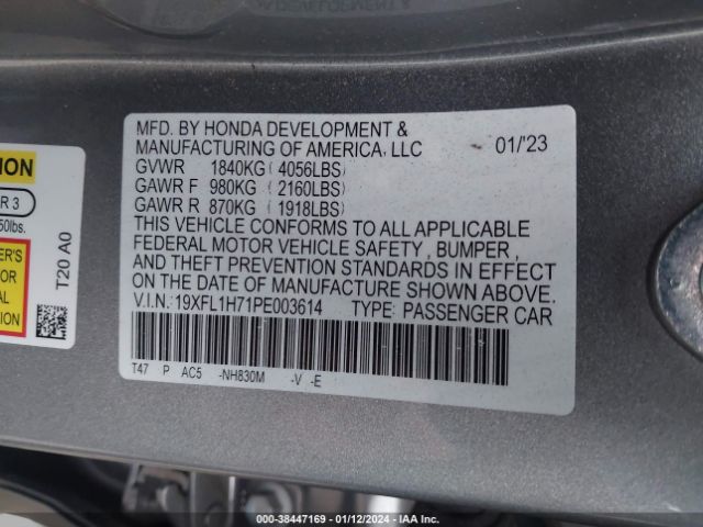 19XFL1H71PE003614 Honda Civic Ex-l /ex-l W/o Bsi