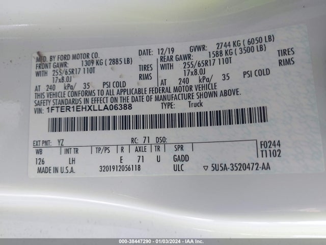 Ford RANGER XL 2020 1FTER1EHXLLA06388 Image 9