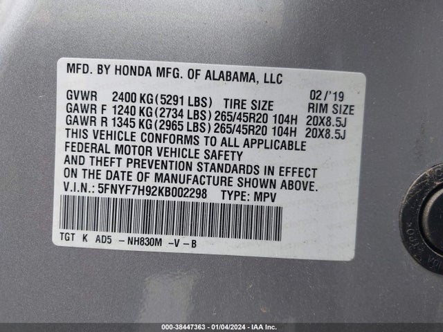 2019 HONDA PASSPORT TOURING VIN: 5FNYF7H92KB002298