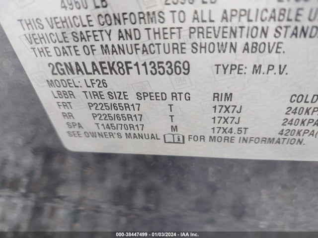 2015 CHEVROLET EQUINOX LS VIN: 2GNALAEK8F1135369
