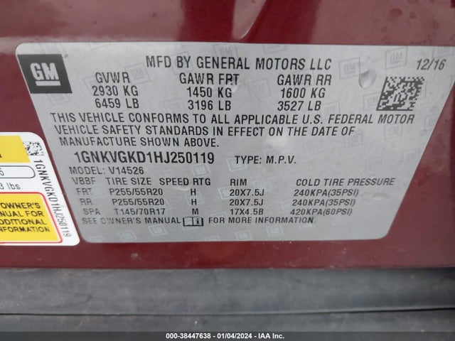 Chevrolet Traverse 1lt 2017 1GNKVGKD1HJ250119 Image 9