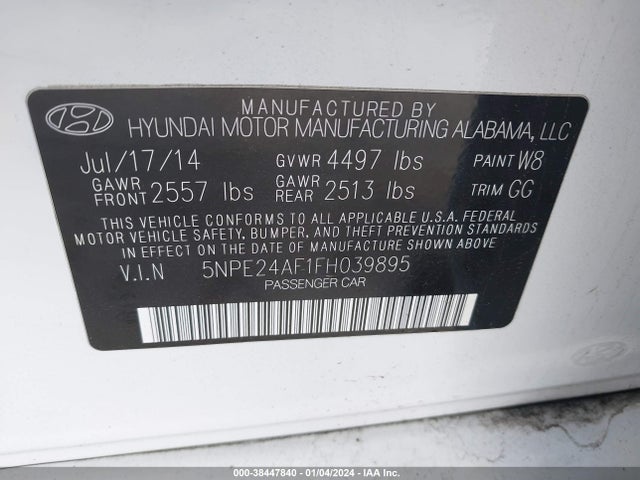2015 HYUNDAI SONATA SE VIN: 5NPE24AF1FH039895