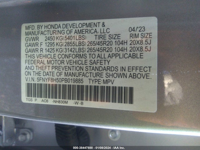 Honda Passport Awd Ex-l 2023 5FNYF8H50PB019885 Image 9