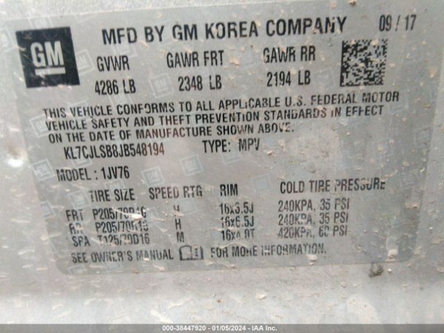 KL7CJLSB8JB548194 Chevrolet Trax Lt