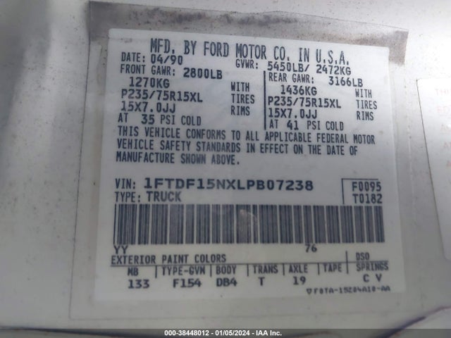 1990 FORD F150 VIN: 1FTDF15NXLPB07238