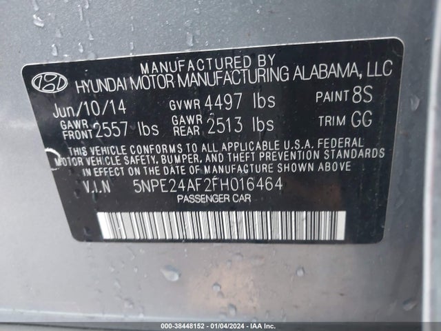 2015 HYUNDAI SONATA SE VIN: 5NPE24AF2FH016464