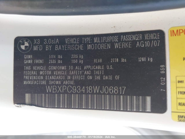 2008 BMW X3 3.0SI VIN: WBXPC93418WJ06817
