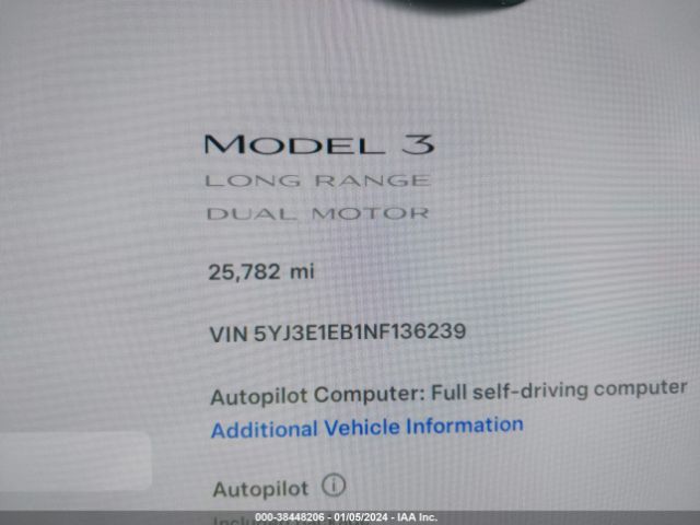 5YJ3E1EB1NF136239 Tesla Model 3 Long Range Dual Motor All-wheel Drive