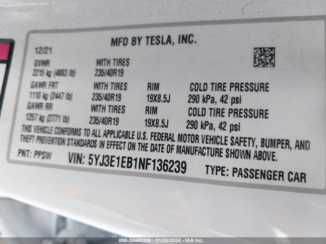 5YJ3E1EB1NF136239 Tesla Model 3 Long Range Dual Motor All-wheel Drive