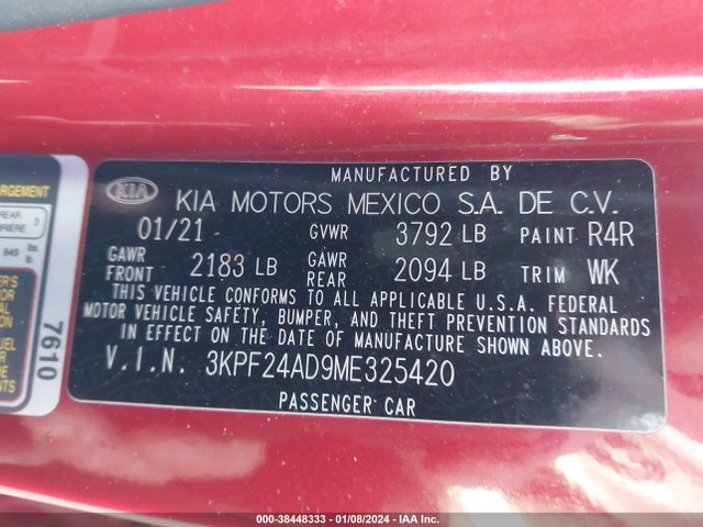 2021 KIA FORTE LXS VIN: 3KPF24AD9ME325420