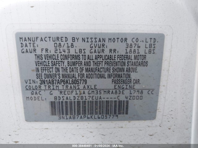 Nissan SENTRA SV 2019 3N1AB7AP6KL605779 Image 9