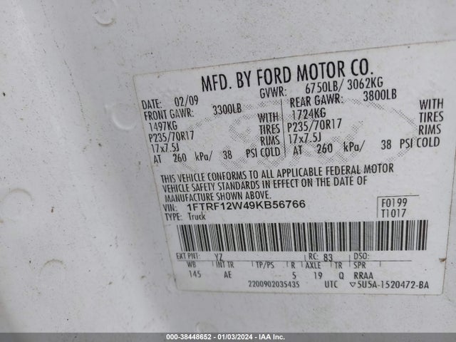 2009 FORD F-150 STX/XL/XLT VIN: 1FTRF12W49KB56766