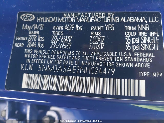 2022 HYUNDAI TUCSON SE VIN: 5NMJA3AE2NH024479