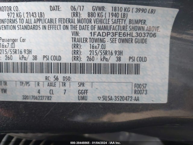 2017 FORD FOCUS SE VIN: 1FADP3FE6HL303706