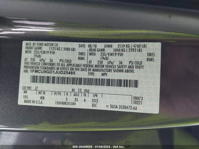 2018 FORD ESCAPE SE VIN: 1FMCU9GD1JUD25485