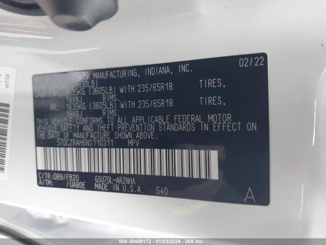 Toyota Highlander L 2022 5TDCZRAH6NS110311 Image 9
