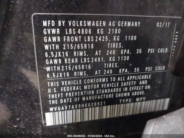 WVGAV7AX9HK028921 Volkswagen Tiguan 2.0t/2.0t S