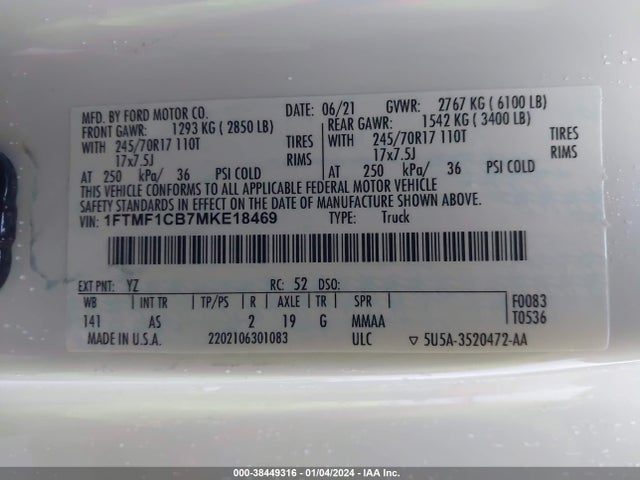2021 FORD F-150 XL VIN: 1FTMF1CB7MKE18469