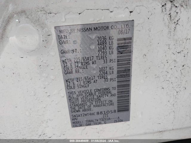 2017 NISSAN ROGUE SV VIN: 5N1AT2MT4HC881058