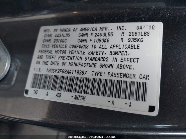 2010 HONDA ACCORD 2.4 EX-L VIN: 1HGCP2F89AA119387