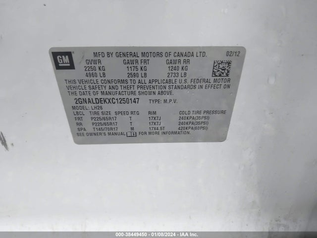 2012 CHEVROLET EQUINOX 1LT VIN: 2GNALDEKXC1250147