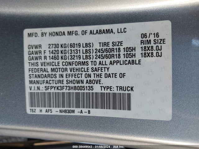 Honda Ridgeline Rtl-e 2017 5FPYK3F73HB005135 Image 9