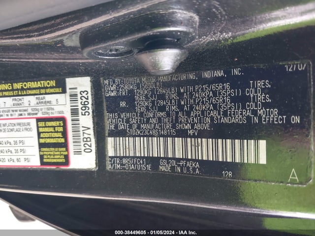 2008 TOYOTA SIENNA LE VIN: 5TDZK23C48S148115