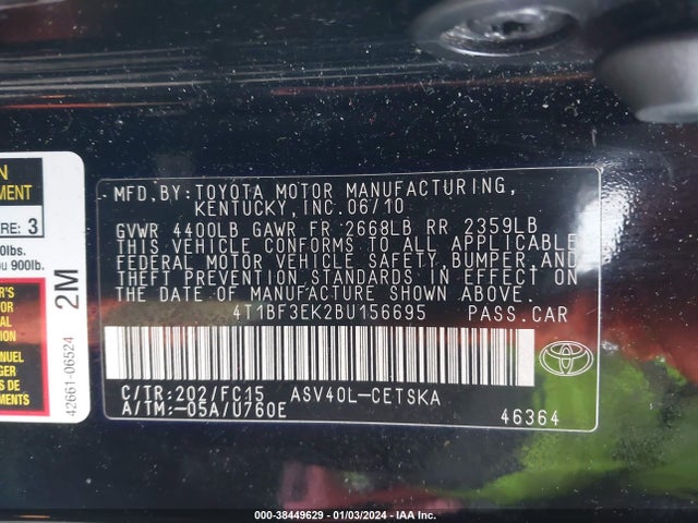 2011 TOYOTA CAMRY SE VIN: 4T1BF3EK2BU156695