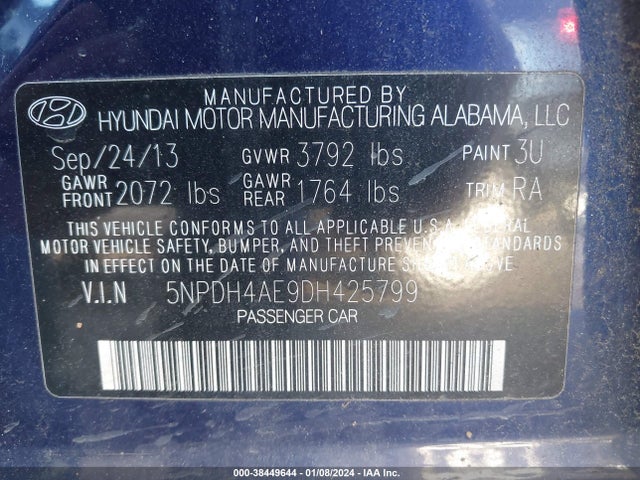 2013 HYUNDAI ELANTRA GLS VIN: 5NPDH4AE9DH425799