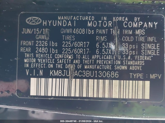 2011 HYUNDAI TUCSON GLS VIN: KM8JUCAC3BU130686