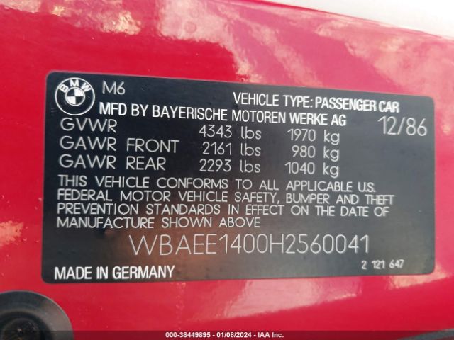 1987 BMW M6 WBAEE1400H2560041 Photo 8