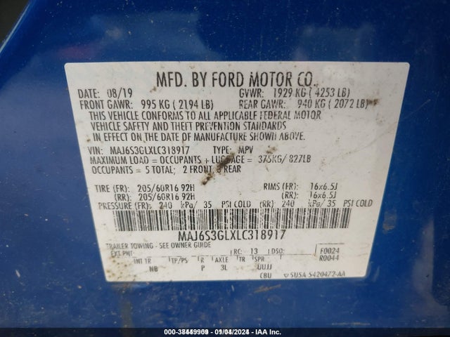 2020 FORD ECOSPORT SE VIN: MAJ6S3GLXLC318917