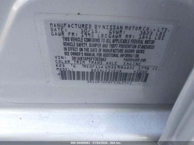2015 NISSAN SENTRA S VIN: 3N1AB7AP8FY363943