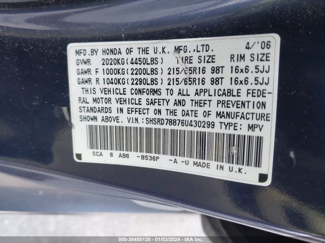2006 HONDA CR-V EX VIN: SHSRD78876U430299