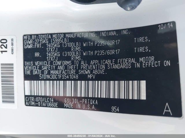 2015 TOYOTA SIENNA XLE 8 PASSENGER VIN: 5TDYK3DC1FS541048