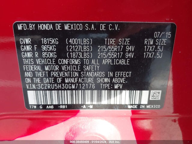 Honda HR-V LX 2016 3CZRU5H30GM712176 Image 9