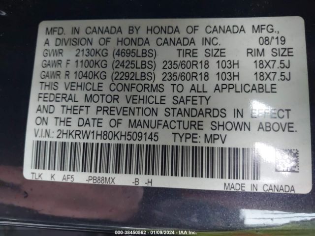 2HKRW1H80KH509145 Honda Cr-v Ex-l