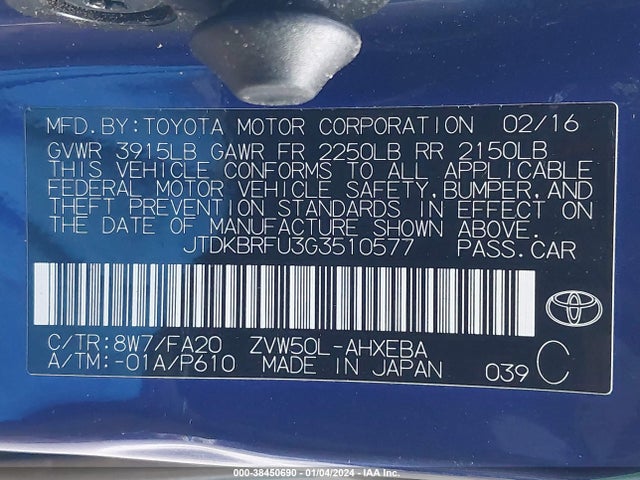 Toyota Prius Two 2016 JTDKBRFU3G3510577 Image 9