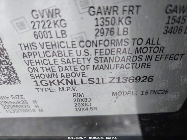 GMC Acadia Awd At4 2020 1GKKNLLS1LZ136926 Image 9